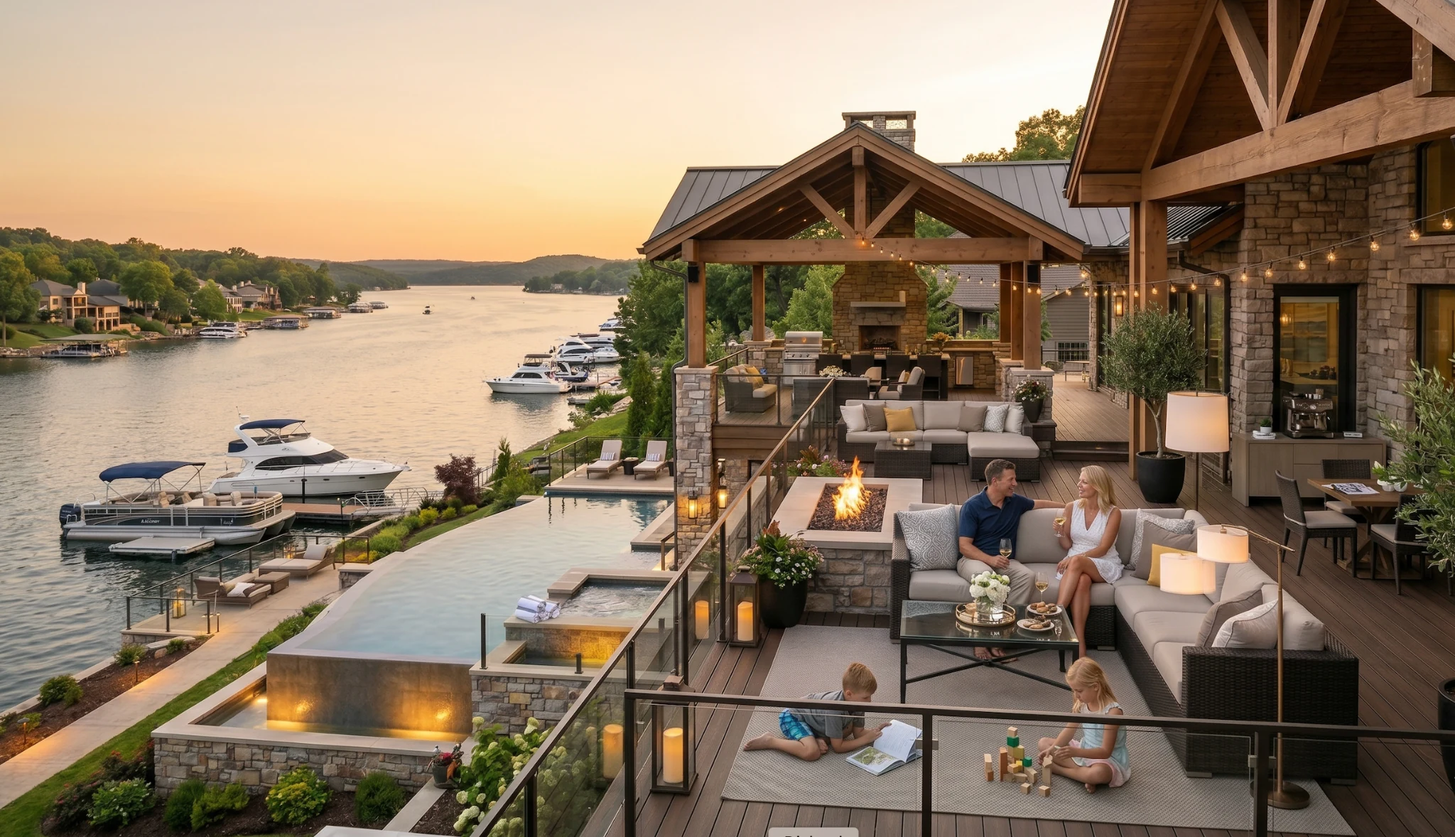 Luxury outdoor patio with lounge seating, fireplace, and outdoor TV overlooking a pool.