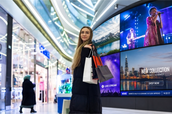 A stylish woman shops at a luxury mall with media streaming on a video distribution wall behind her