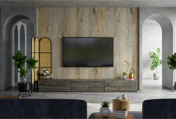 dining room with exposed ceiling beams, recessed lighting, large windows, and hidden in-wall Sonance speakers for a clean, elegant look.