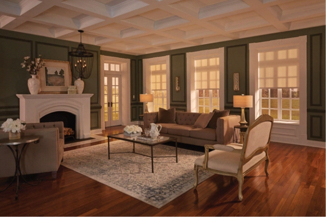 Modern living room with a sofa, an armchair, a loveseat, and partially lowered Lutron shades over the windows. 