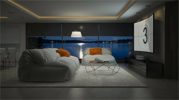 automated lutron shades closing to give a better experience for movie night